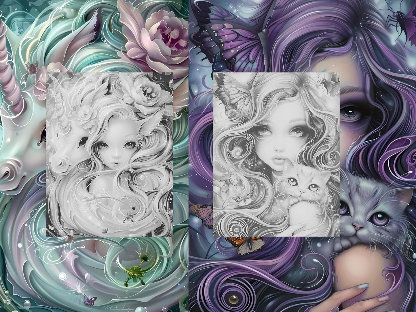 Páginas para colorear de hadas, páginas para colorear de hadas para adultos, hadas del bosque, libro para colorear de hadas, dibujos de fantasía, dibujos en escala de grises, dibujos para colorear para adultos