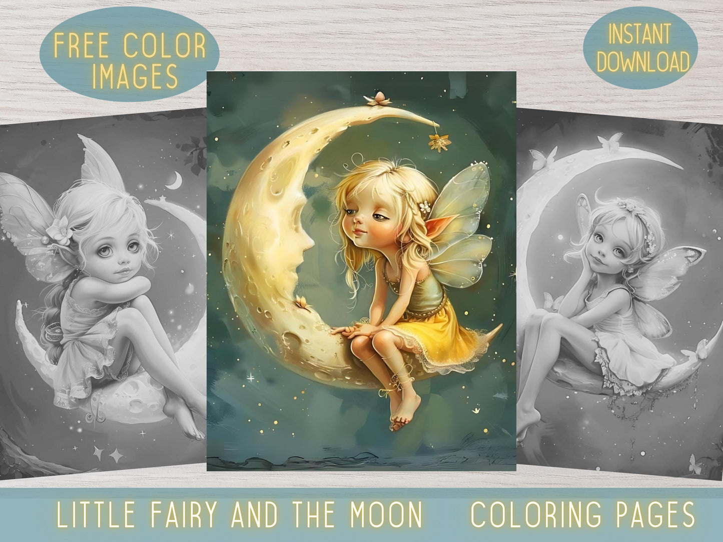 Hada de la luna, Coloración en escala de grises, Hadas de fantasía, Libro para colorear de hadas, Páginas para colorear de hadas, Pequeña hada linda, Libro para colorear de hadas