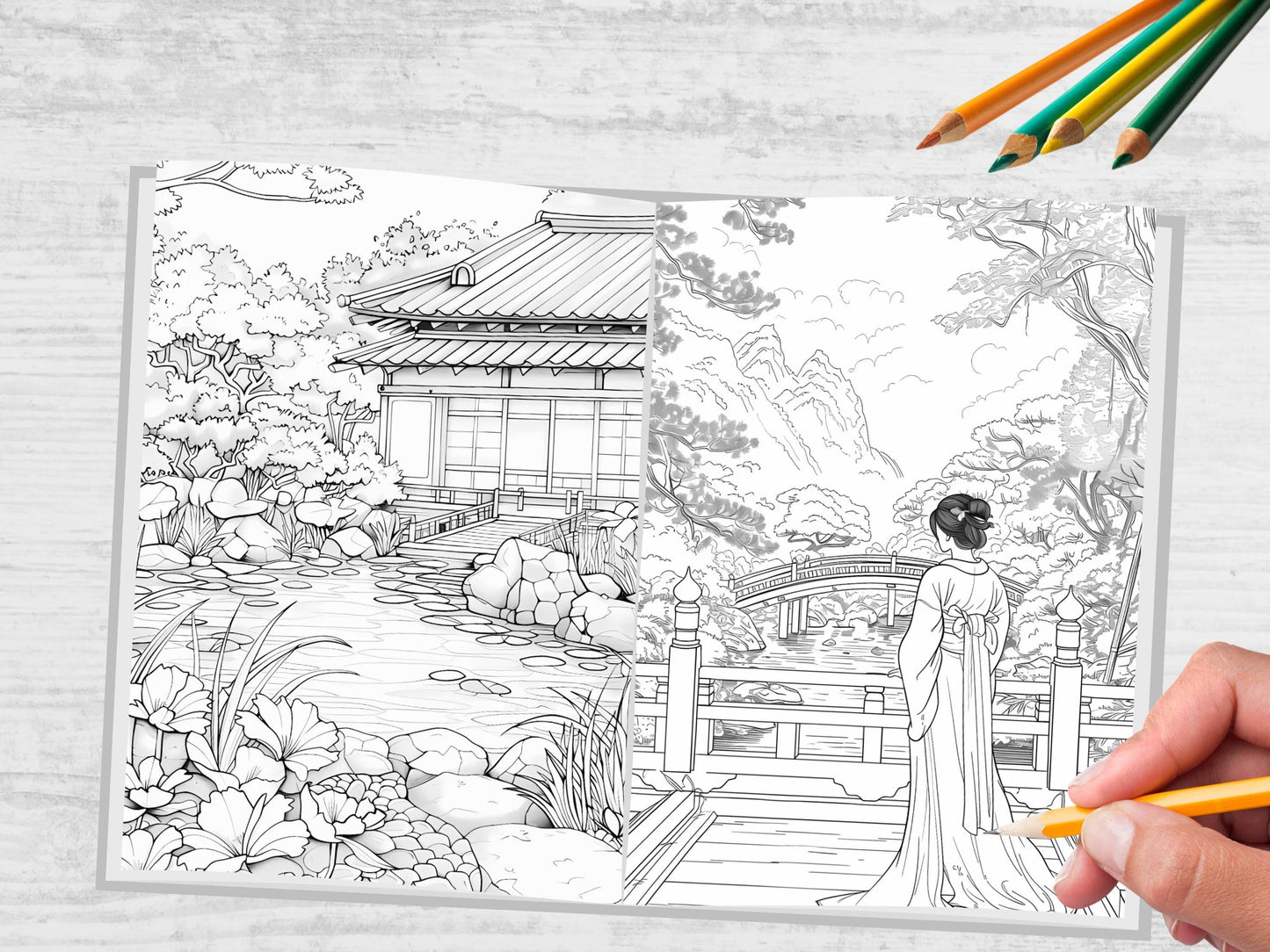 Páginas para colorear de jardines japoneses - Diseños de flores de cerezo - Libro para colorear de Sakura para adultos - Páginas para colorear relajantes e imprimibles