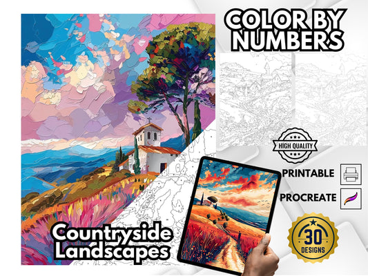 Paisaje campestre para colorear por números, dibujos relajantes para adultos, dibujos fáciles para colorear, dibujos digitales tranquilos y conscientes