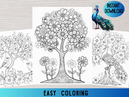 Coloración fácil, Páginas para colorear simples, Coloración para adultos fácil, Coloración de árboles, Coloración de árboles florales, Páginas fáciles para colorear para adultos, Aves, Pavos reales