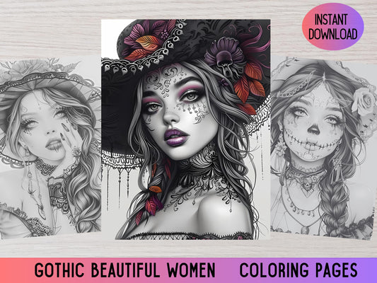 Página para colorear gótica, coloración gótica, coloración de Halloween, páginas para colorear para adultos, coloración en escala de grises, mujeres góticas, maquillaje gótico