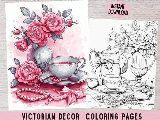 Dibujos para colorear victorianos, Dibujos para colorear para adultos, Libros para colorear victorianos, Páginas para colorear de lazos, rosas y perlas, Dibujos para colorear en escala de grises, Era victoriana, PDF