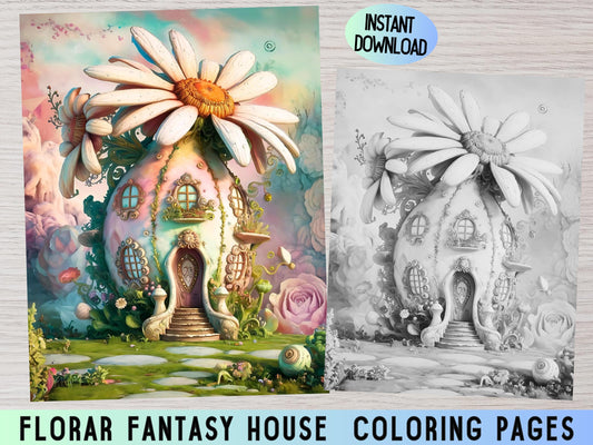 Casas florecientes, Página para colorear de flores, Casas de flores, Coloración en escala de grises, Página para colorear de flores, Coloración de fantasía, Libro para colorear mágico