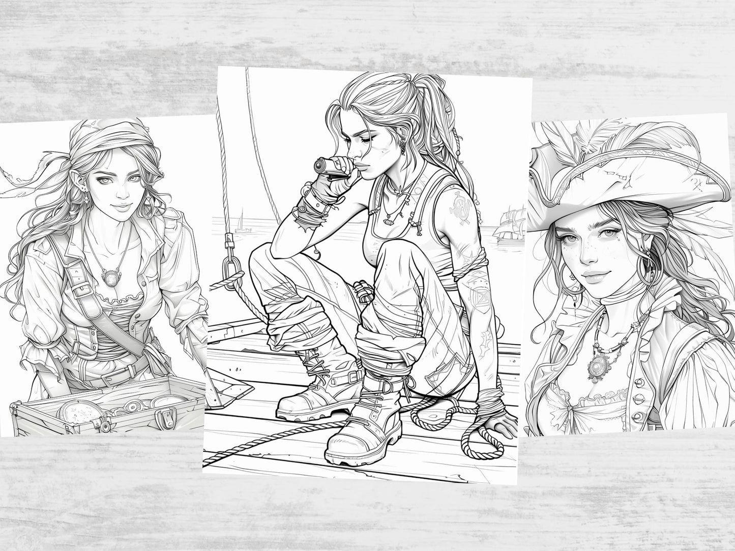 Dibujos para colorear de mujeres piratas, dibujos para colorear de mujeres piratas, arte de aventuras marinas, dibujos para colorear náuticos, chicas piratas, dibujos para colorear de fantasía, páginas digitales