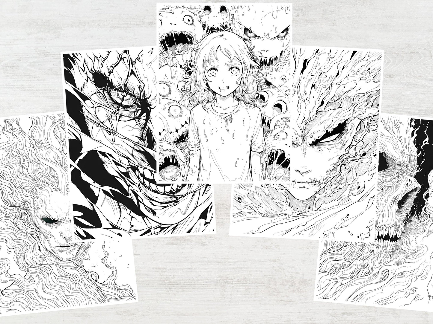 Dibujos para colorear de manga y terror, dibujos para adultos, dibujos espeluznantes, dibujos de miedo, dibujos de monstruos, libros de terror, manga oscuro