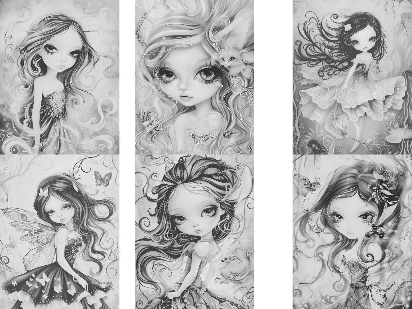 Páginas para colorear de hadas, páginas para colorear de hadas para adultos, hadas del bosque, libro para colorear de hadas, dibujos de fantasía, dibujos en escala de grises, dibujos para colorear para adultos