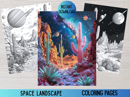 Paisaje espacial, Coloración celestial, Coloración de fantasía, Libro para colorear planetas, Libro para colorear paisajes, Coloración en escala de grises, Coloración para adultos