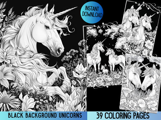 Páginas para colorear de Unicornio, Páginas para colorear de Unicornio imprimibles, Libro para colorear de Unicornio, Páginas para colorear de Unicornio para adultos, Fondo negro, Familia