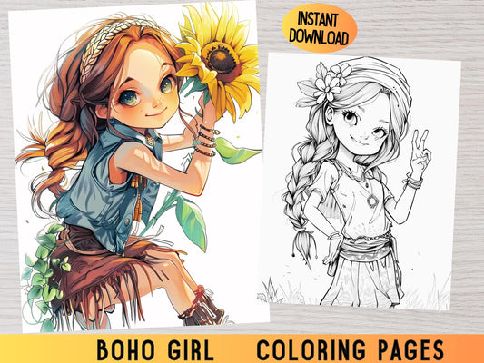 Dibujos para colorear de chicas lindas de estilo boho, moda boho, dibujos para colorear de niñas, dibujos para colorear para adultos, dibujos para colorear de chicas de estilo boho, dibujos para colorear hippies