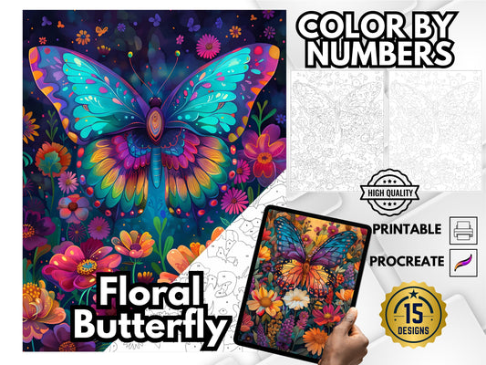 Mariposas para colorear por números, páginas para colorear para adultos, dibujos para colorear digitales, mariposas florales, dibujos relajantes para colorear