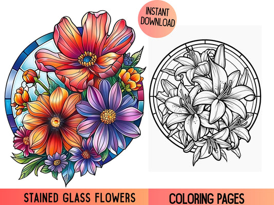 Páginas para colorear florales para adultos, Libro para colorear de flores para adultos, Páginas para colorear de flores imprimibles, Flores de vidrieras para colorear
