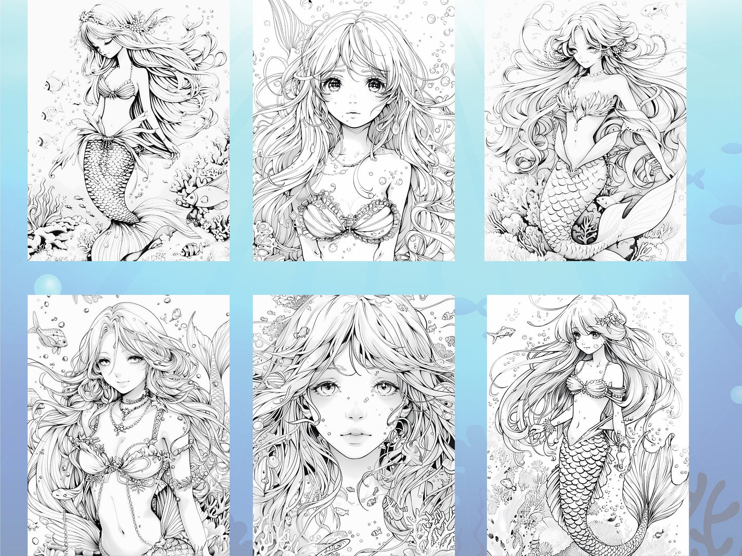 Páginas para colorear de sirena, Páginas para colorear de sirena para adultos, Sirena estilo anime, Páginas de libros para colorear de sirena, Coloración de fantasía, Sirena imprimible