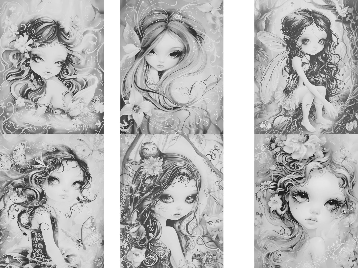 Páginas para colorear de hadas, páginas para colorear de hadas para adultos, hadas del bosque, libro para colorear de hadas, dibujos de fantasía, dibujos en escala de grises, dibujos para colorear para adultos
