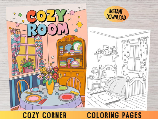 Páginas para colorear de un rincón acogedor: habitación de bolsillo, libro para colorear isométrico para adultos, relajante y fácil para aliviar el estrés, habitación acogedora para colorear