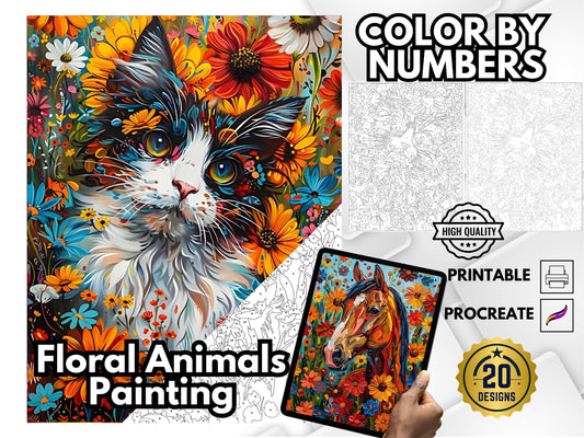 Pintar por números, colorear por números, pintar animales florales, colorear animales de granja, páginas para colorear para adultos, arte para colorear