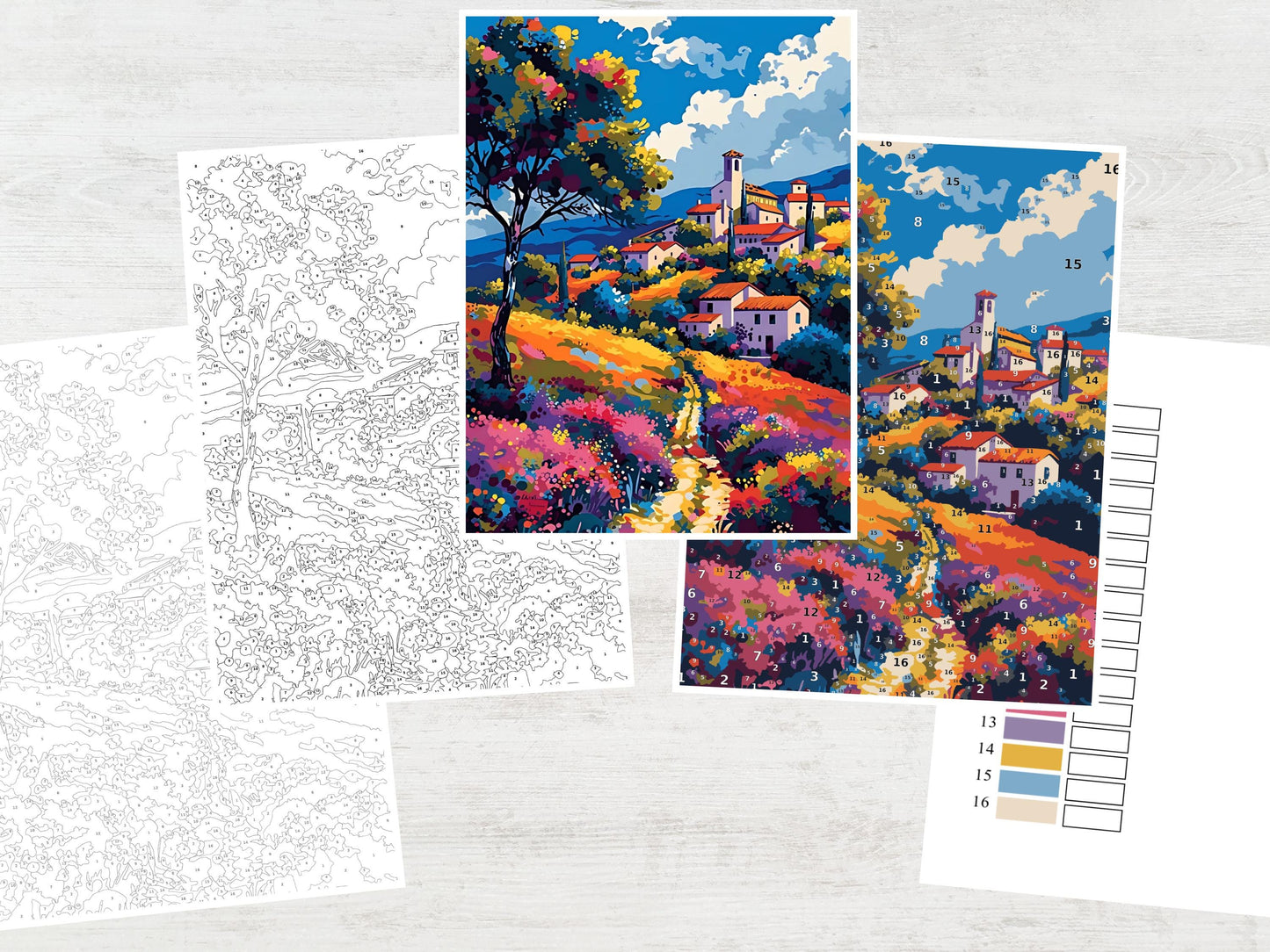 Paisaje campestre para colorear por números, dibujos relajantes para adultos, dibujos fáciles para colorear, dibujos digitales tranquilos y conscientes