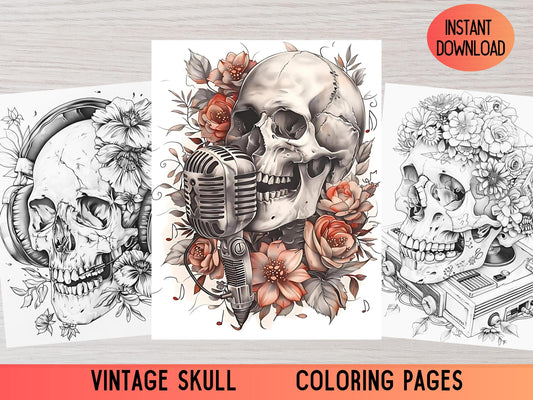 Colorear calaveras, Páginas para colorear para adultos calaveras, Libro para colorear calaveras para adultos, Libro para colorear calaveras, Colorear calaveras imprimible, Página para colorear vintage