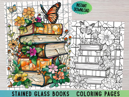 Páginas para colorear de vidrieras, vidrieras florales, mariposas para colorear, regalo para amantes de los libros, libro para colorear imprimible, libro para colorear para adultos