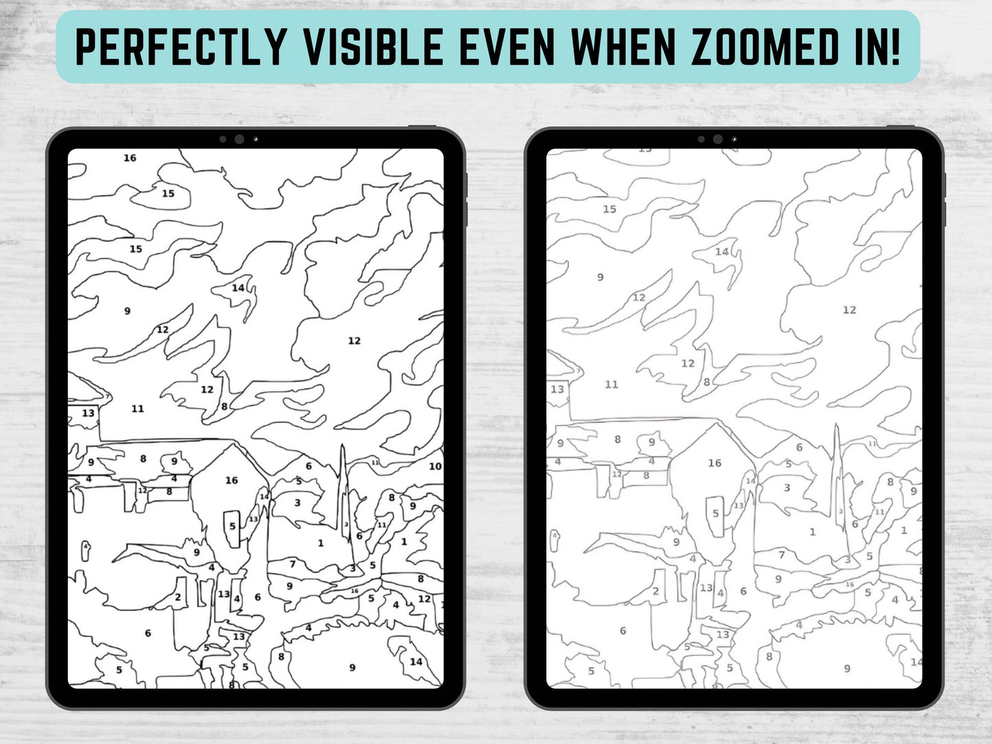 Paisaje campestre para colorear por números, dibujos relajantes para adultos, dibujos fáciles para colorear, dibujos digitales tranquilos y conscientes