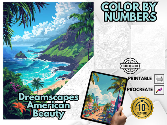 Dibujos para colorear por números, pintar por números, colorear imprimible, páginas para colorear para adultos, colorear relajante, libro para colorear de paisajes de EE. UU.