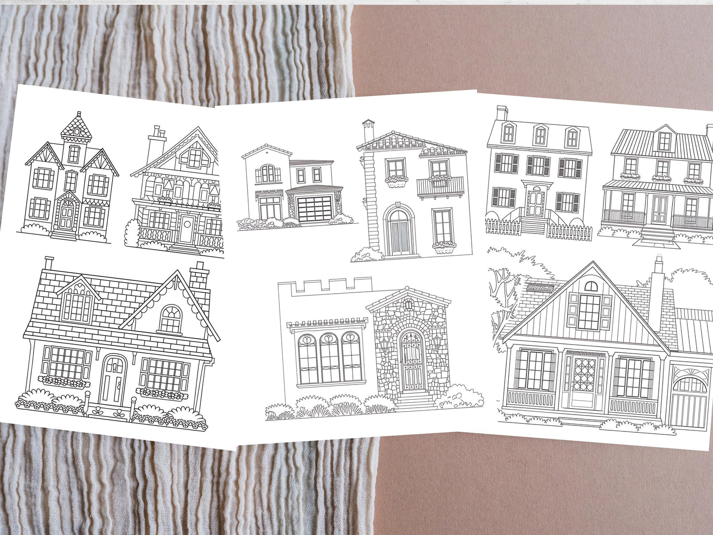 Dibujos de casas para colorear, dibujos acogedores para colorear, imprimibles y digitales, para aliviar el estrés, para adultos, para colorear el hogar