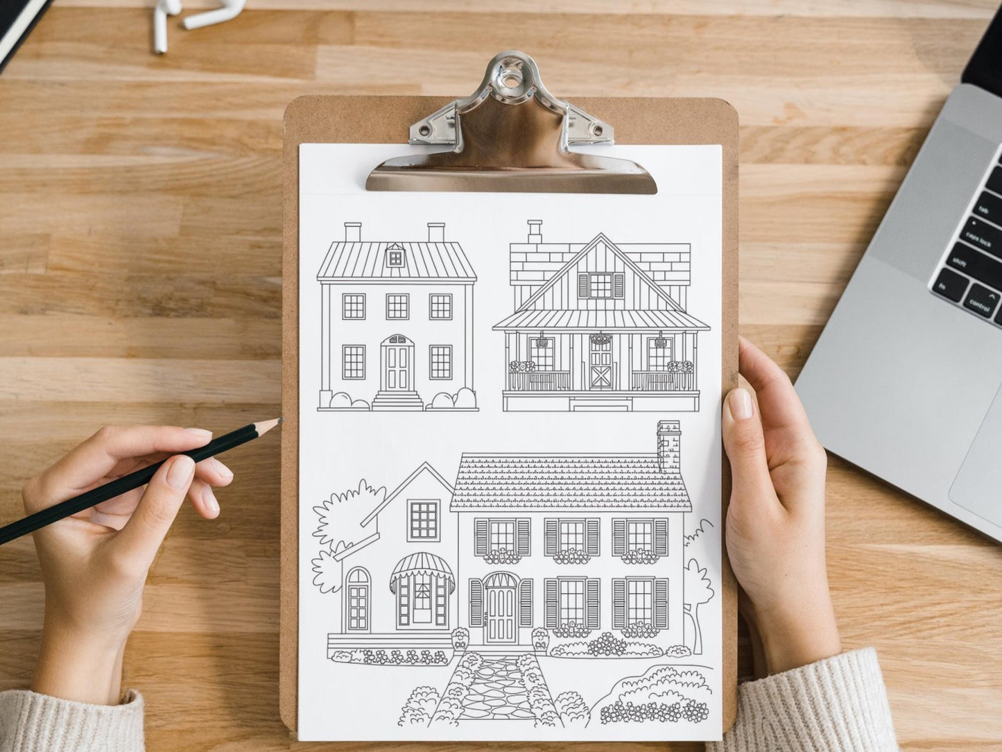 Dibujos de casas para colorear, dibujos acogedores para colorear, imprimibles y digitales, para aliviar el estrés, para adultos, para colorear el hogar