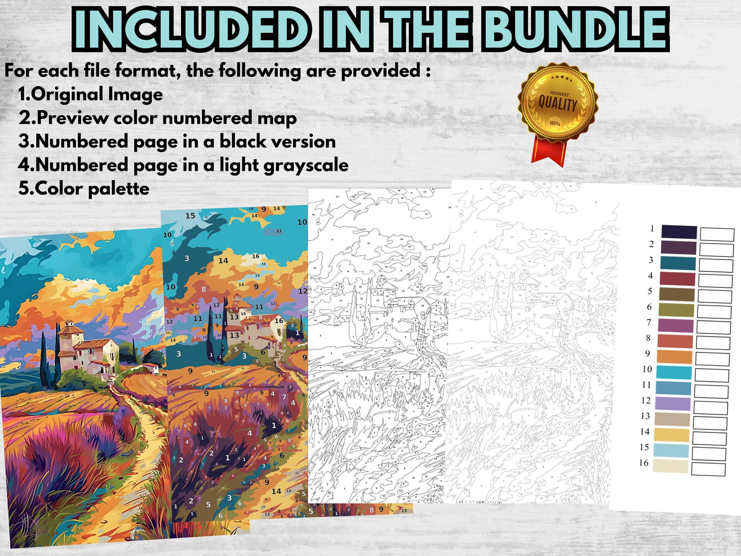 Paisaje campestre para colorear por números, dibujos relajantes para adultos, dibujos fáciles para colorear, dibujos digitales tranquilos y conscientes