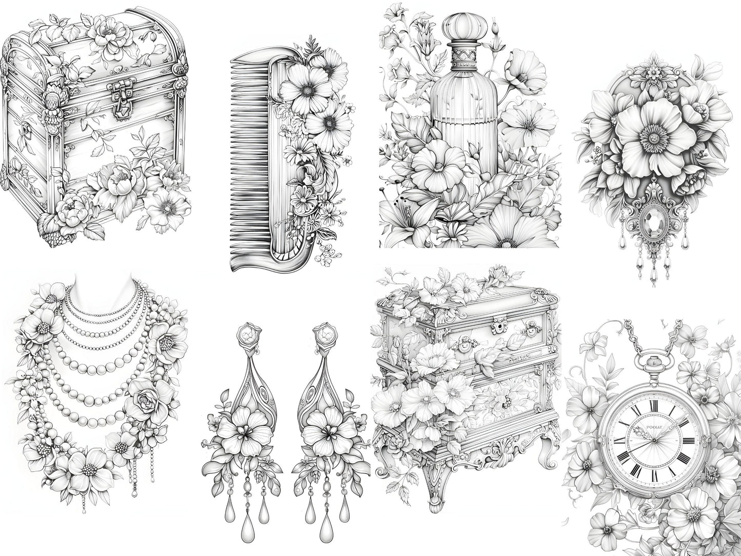 Dibujos para colorear de flores antiguas: Joyas y perfumes antiguos (Descarga PDF)