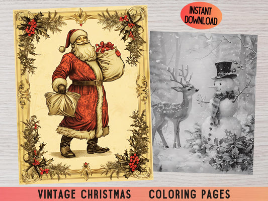 Páginas para colorear de Navidad para adultos, póster para colorear de Navidad, páginas para colorear de vacaciones, página para colorear de Papá Noel, dibujos para colorear de Navidad vintage, Navidad