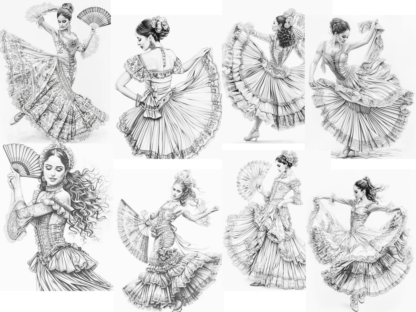 Bailarina de flamenco, Coloración de bailarina, Expresión creativa, Color en escala de grises, Bailarinas vibrantes, Coloración para adultos, Libro para colorear de danza, Bailarina española