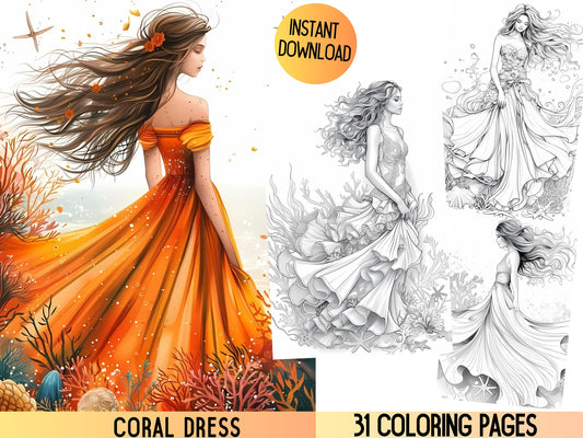 Libro para colorear de vestidos, páginas para colorear de vestidos, coloración de fantasía, páginas para colorear de vestidos, coloración de verano, libro para colorear para adultos, coloración de playa