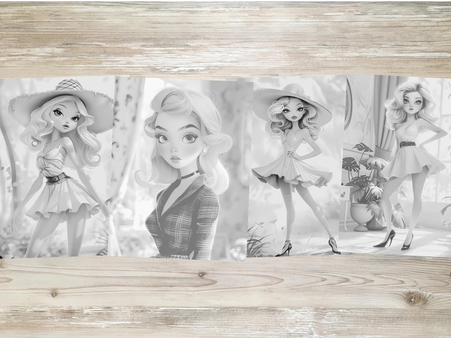 Libro para colorear de chicas de moda, páginas para colorear de moda para adultos, libro para colorear de moda para adultos, chicas de moda de los años 50, modelo de los años 50 para colorear, escala de grises