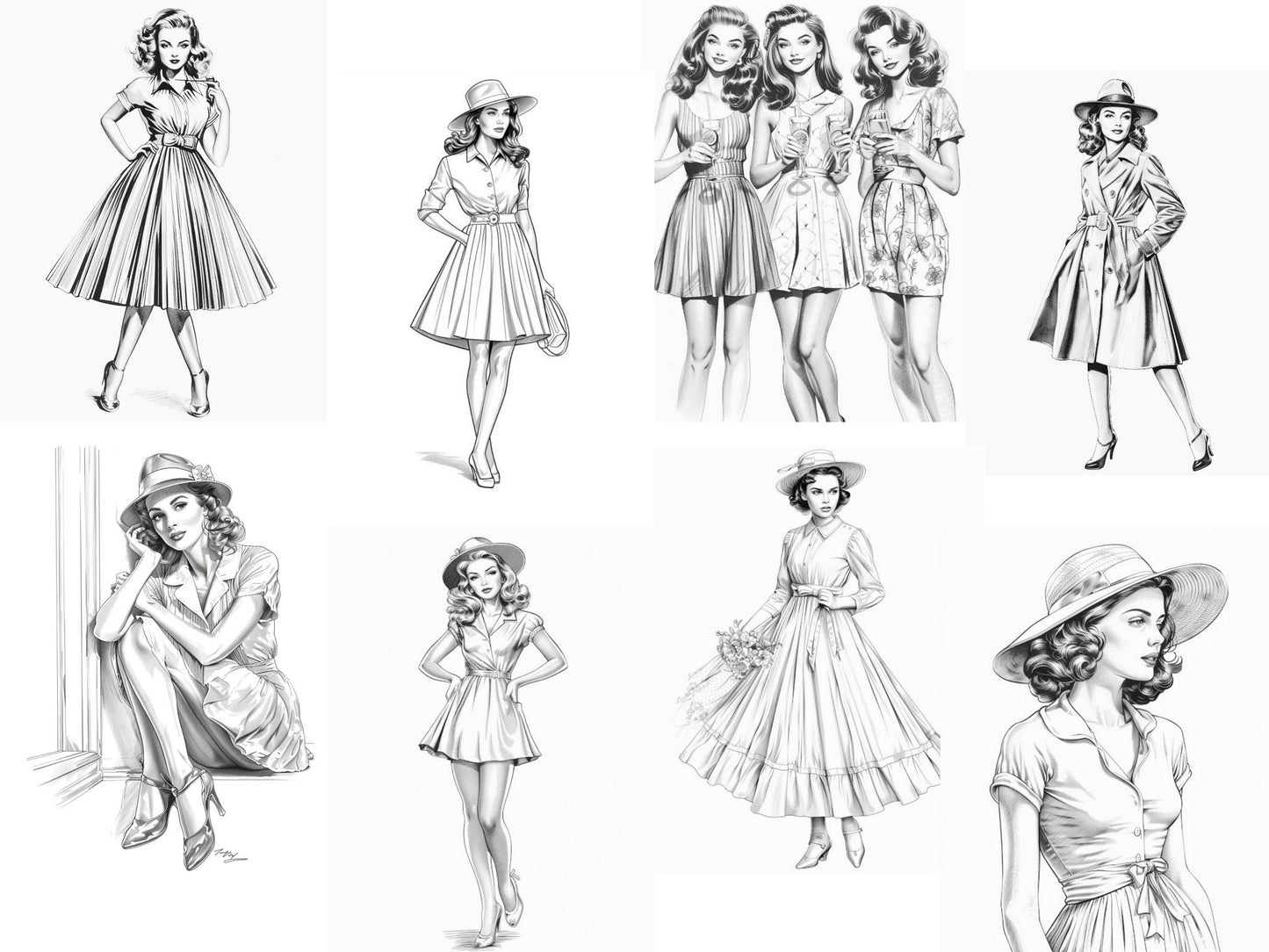 Libro para colorear de ilustración de moda, páginas para colorear para adultos moda, libro para colorear para adultos moda, mujer de moda de los años 50, coloración modelo de los años 50