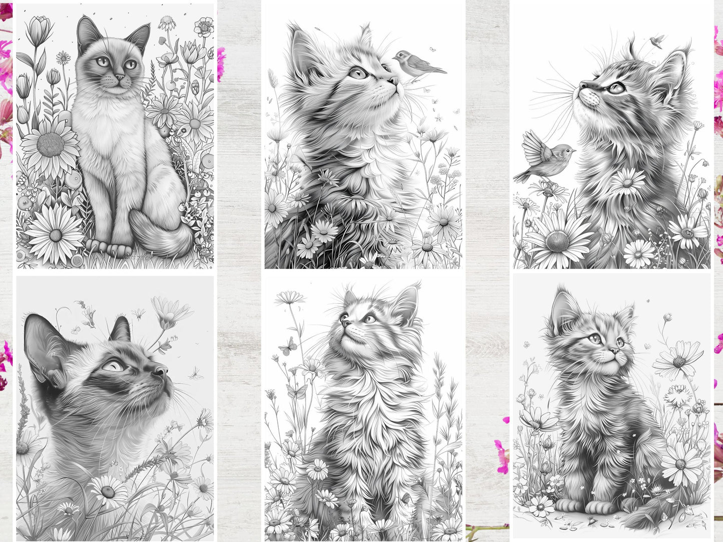 Página para colorear de gatos, páginas para colorear de gatos para imprimir, páginas para colorear de gatos para adultos, gatos y plantas, páginas para colorear de gatos