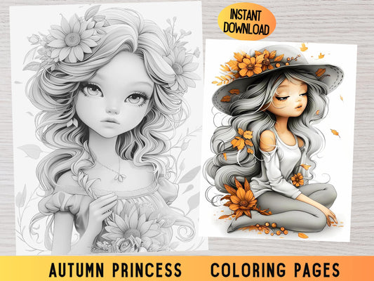 Página para colorear de princesas, libro para colorear de princesas, colorear en escala de grises, páginas para colorear para adultos, página para colorear de otoño, páginas para colorear de otoño