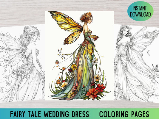 Libro para colorear de vestidos de novia, páginas para colorear de vestidos, libro para colorear para adultos, colorear vestidos de hadas, páginas para colorear de vestidos de fantasía, colorear de hadas