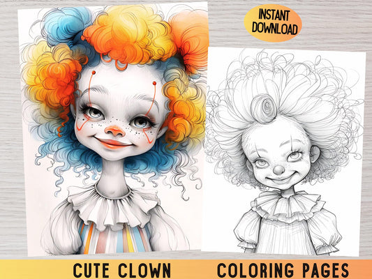 Dibujos para colorear de payasos: diseños de payasos adorables para adultos y niños, descarga instantánea, dibujos para colorear de fantasía, payasos niñas, libro para colorear adorable