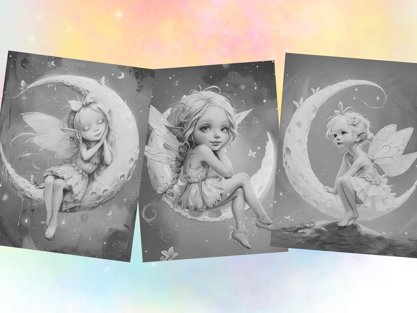 Hada de la luna, Coloración en escala de grises, Hadas de fantasía, Libro para colorear de hadas, Páginas para colorear de hadas, Pequeña hada linda, Libro para colorear de hadas