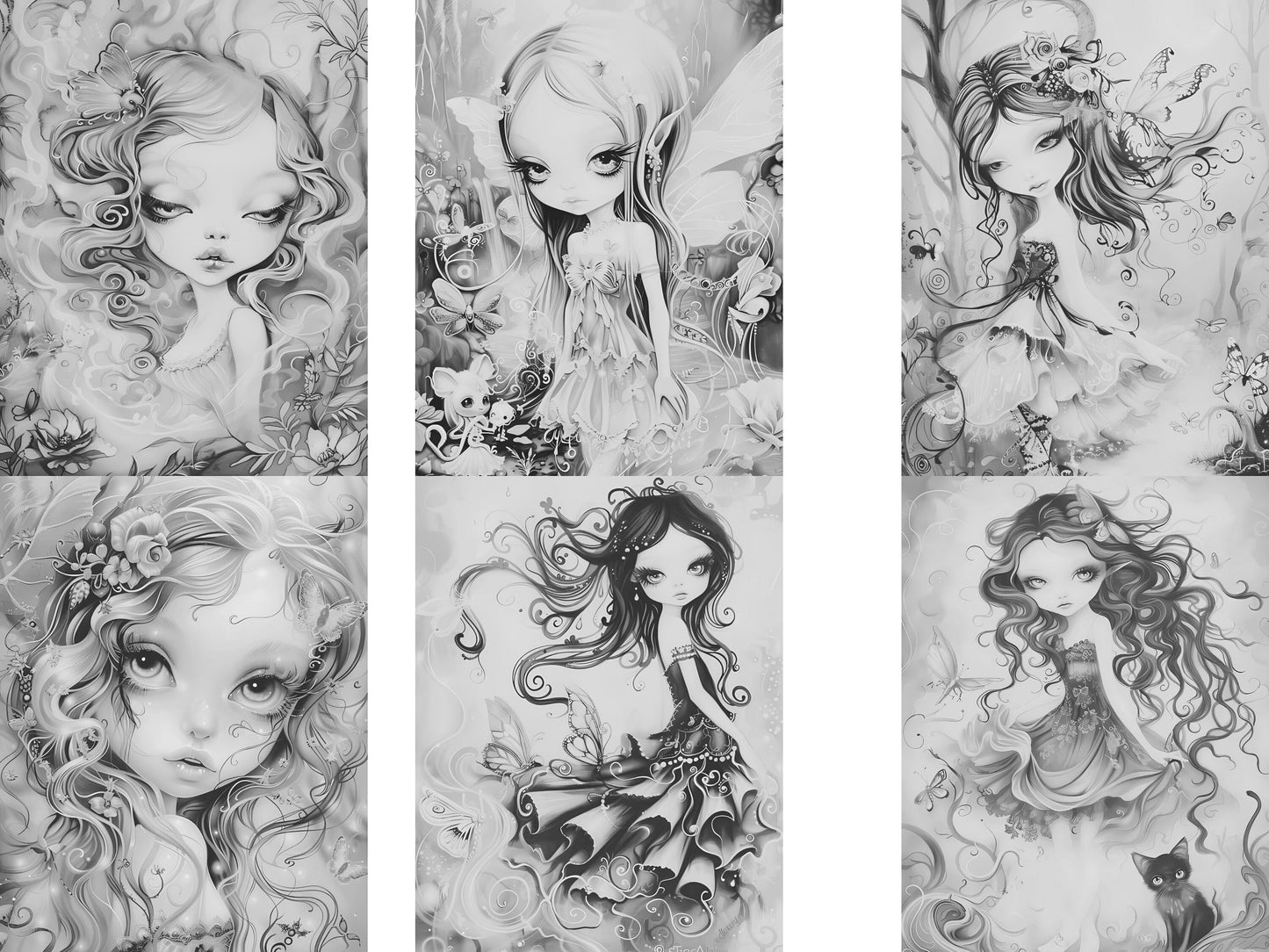 Páginas para colorear de hadas, páginas para colorear de hadas para adultos, hadas del bosque, libro para colorear de hadas, dibujos de fantasía, dibujos en escala de grises, dibujos para colorear para adultos