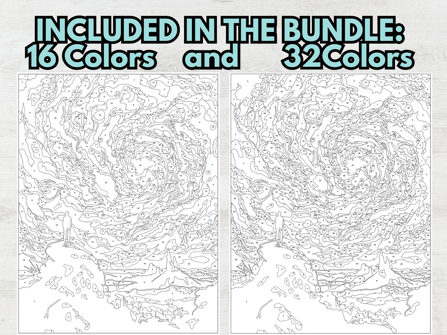 Colorear por números para adultos, páginas para colorear del espacio, galaxias y paisajes imprimibles en PDF y PNG, libro para colorear digital de descarga instantánea