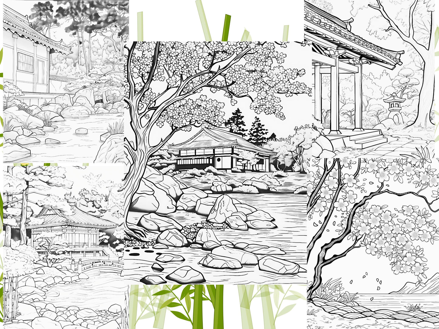 Páginas para colorear de jardines japoneses - Diseños de flores de cerezo - Libro para colorear de Sakura para adultos - Páginas para colorear relajantes e imprimibles