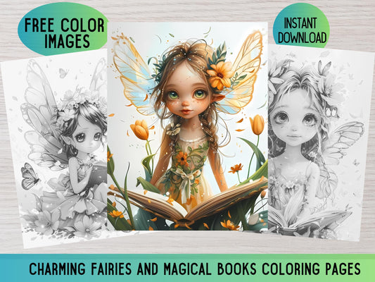 Páginas para colorear de hadas, Páginas para colorear de hadas para adultos, Libro para colorear de hadas, Coloración de fantasía, Coloración en escala de grises, Páginas para colorear amantes de los libros