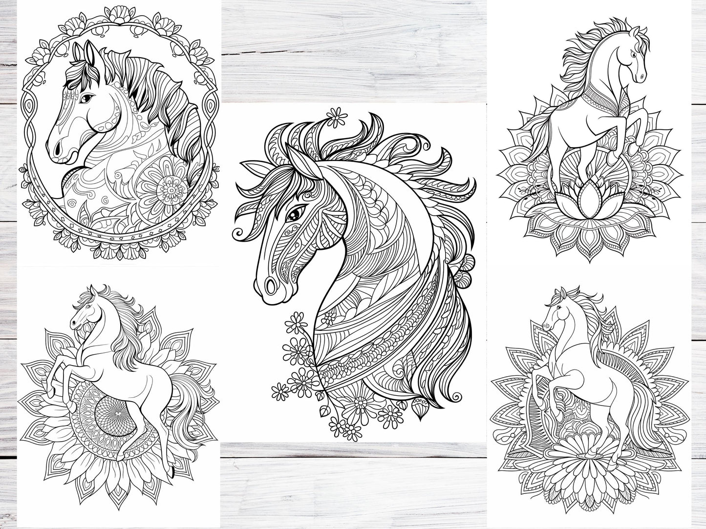 Dibujos de caballos para colorear, dibujos de caballos para imprimir, dibujos de caballos para colorear para adultos, diseños intrincados, mandalas de caballos, libros para colorear de caballos, páginas relajantes