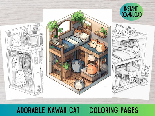 Páginas para colorear de gatos Kawaii, Coloración de gatos lindos, Libro para colorear para adultos, Libro para colorear Kawaii, Páginas para colorear lindas, Colorear esquinas, Habitación de bolsillo