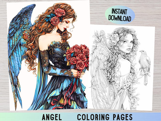 Página para colorear de ángeles, Alas de ángeles para colorear, Páginas para colorear de ángeles para adultos, Colorear ángeles, Libro para colorear para adultos, Páginas para colorear de ángeles para imprimir