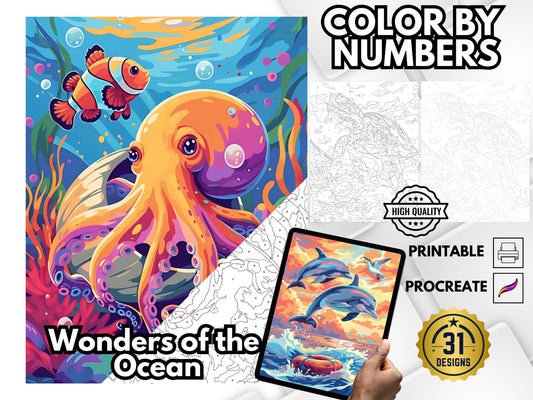 Dibujos del océano para colorear por números para adultos y niños, páginas para colorear relajantes, páginas para colorear del océano, dibujos fáciles para colorear por números