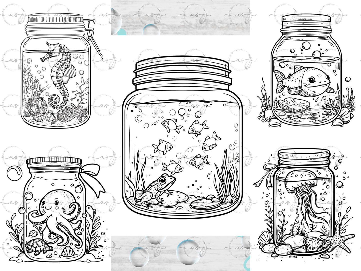 Dibujos para colorear bajo el agua / Animales marinos en frascos / Hojas para colorear bajo el agua para imprimir / Lindas escenas submarinas, dibujos para colorear atrevidos y fáciles