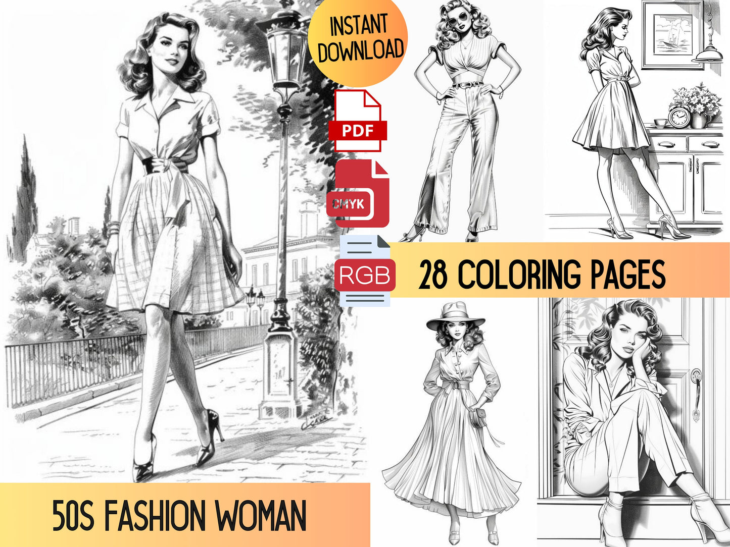 Libro para colorear de ilustración de moda, páginas para colorear para adultos moda, libro para colorear para adultos moda, mujer de moda de los años 50, coloración modelo de los años 50