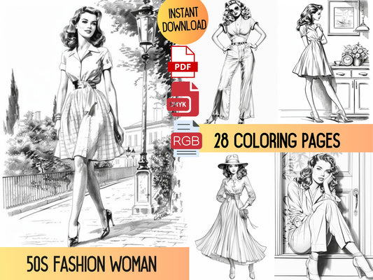 Libro para colorear de ilustración de moda, páginas para colorear para adultos moda, libro para colorear para adultos moda, mujer de moda de los años 50, coloración modelo de los años 50